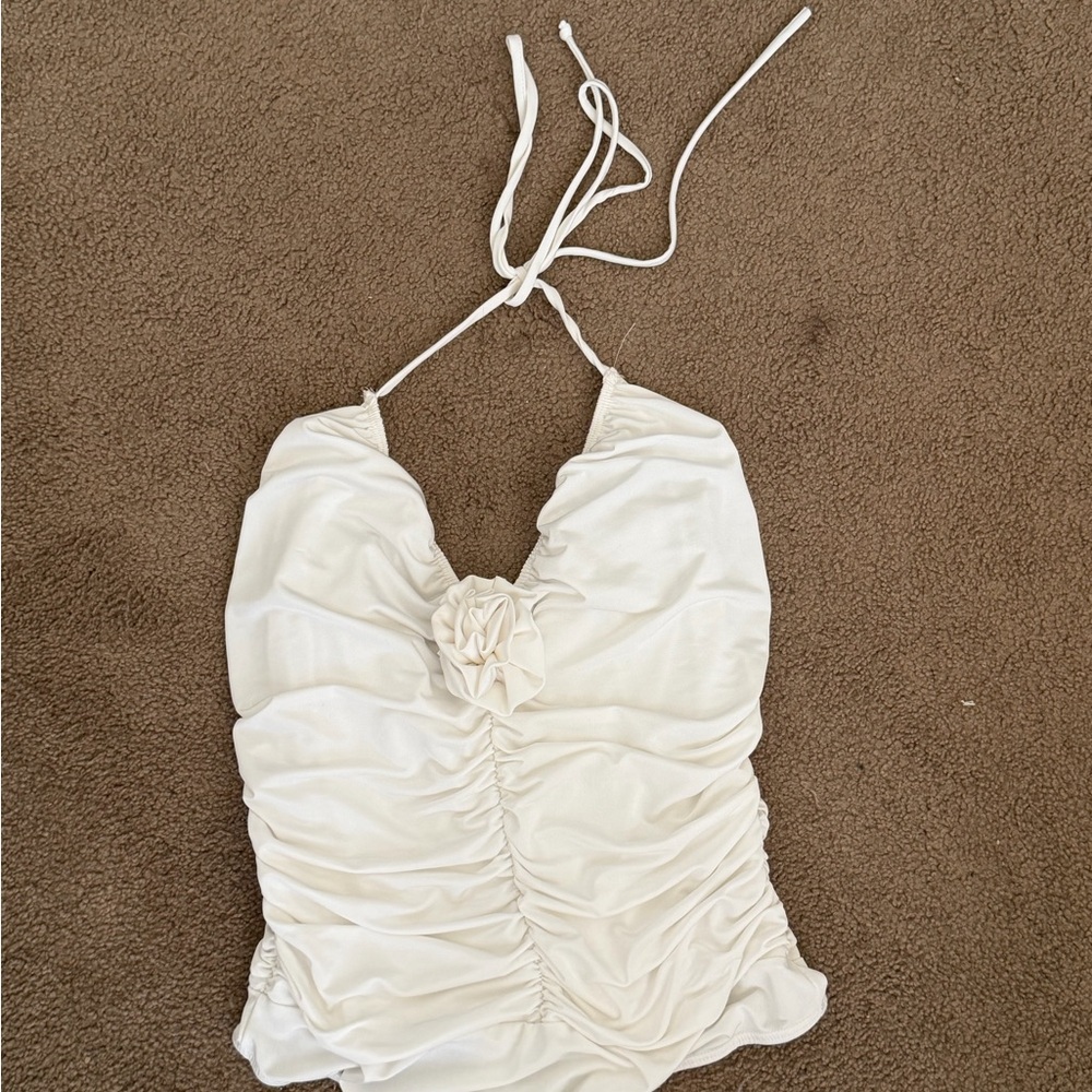 Blue Blush White Halter Ruched Bodysuit with Flower Detail